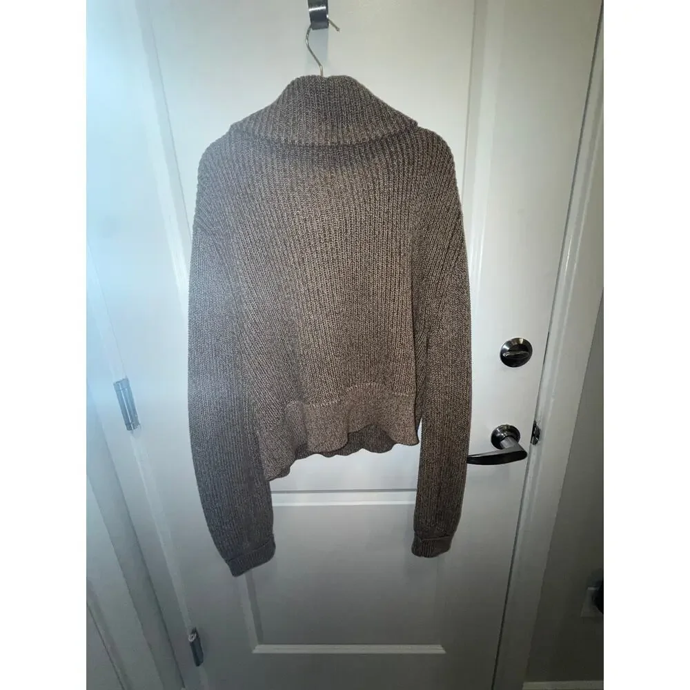 Varley Chunky Knit Quarter Zip Sweater Women Brown Oversized Collar Cozy